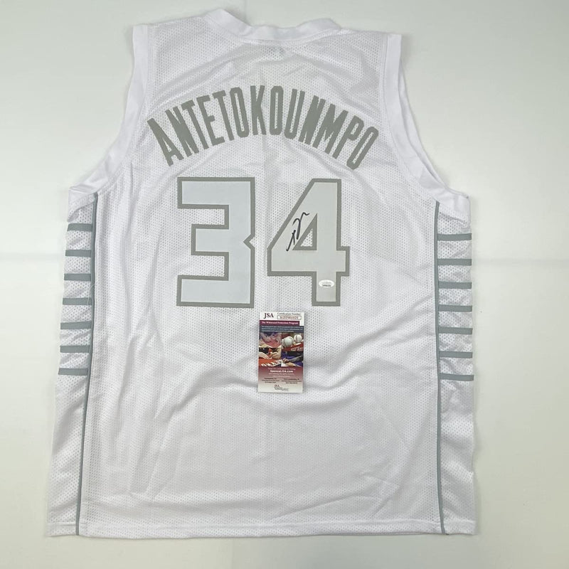 Autographed/Signed Giannis Antetokounmpo Milwaukee White Ice Basketball Jersey JSA COA