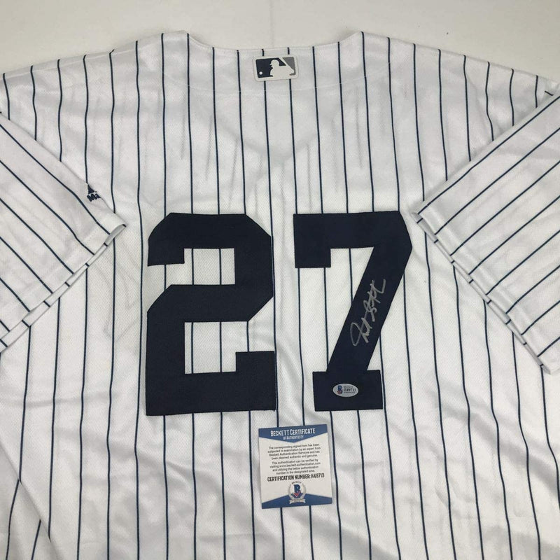 Autographed/Signed Giancarlo Stanton New York Pinstripe Baseball Jersey Beckett BAS COA