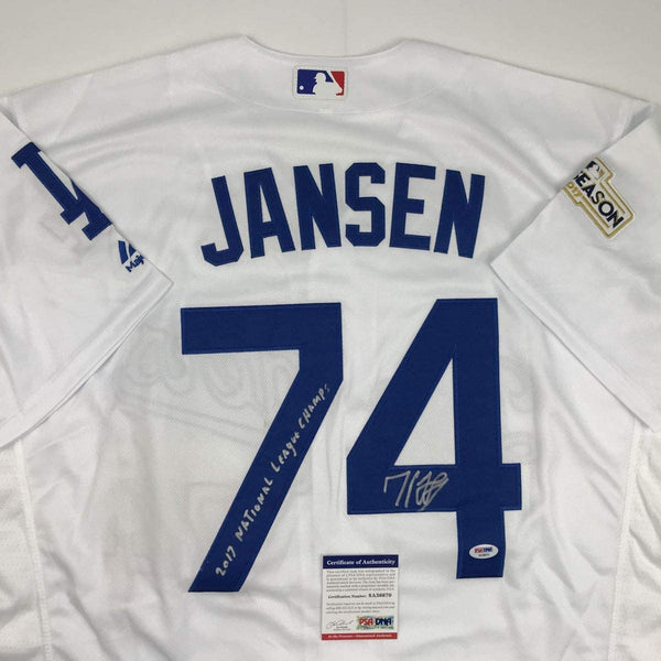 Autographed/Signed Kenley Jansen 2017 National League Champs Los Angeles LA White Baseball Jersey PSA/DNA COA