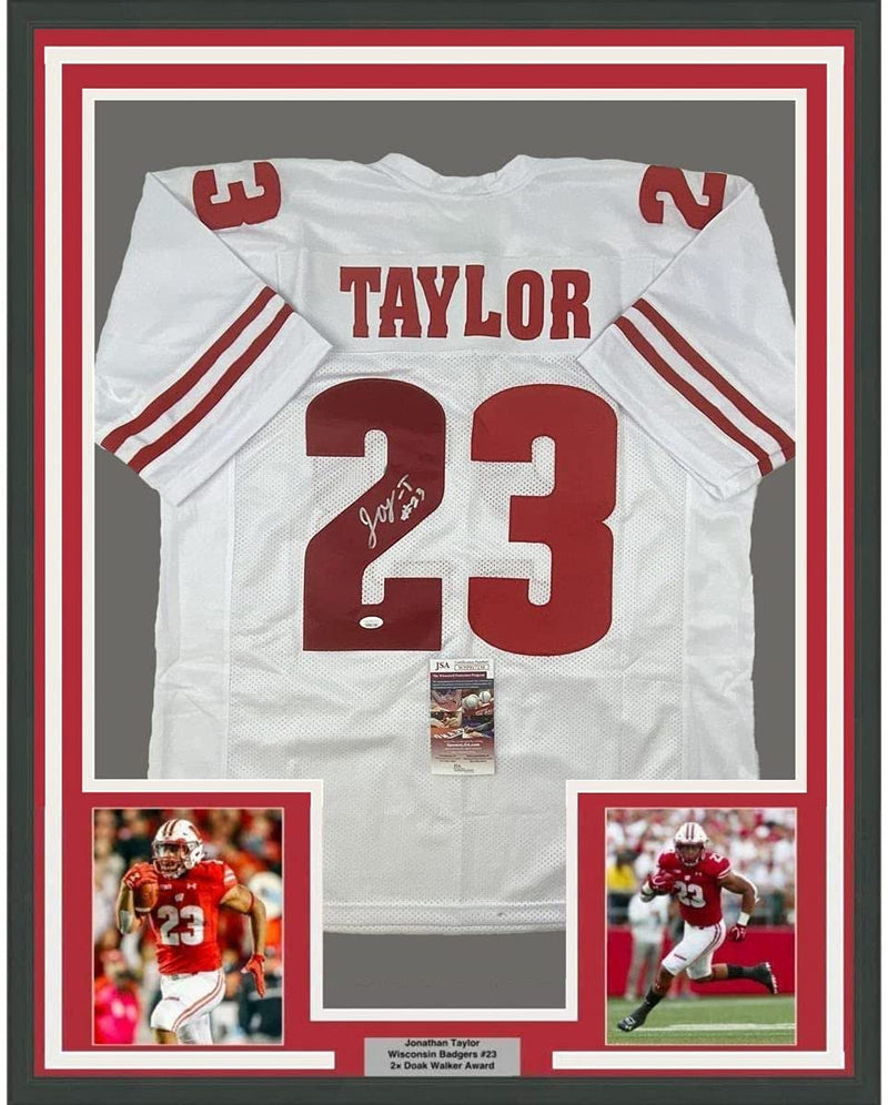 Autographed/Signed Jonathan Taylor Wisconsin White College Football Jersey JSA COA