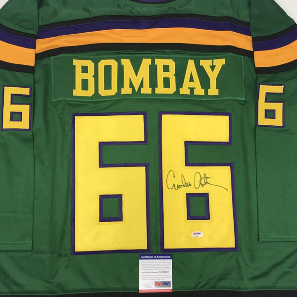 Autographed/Signed Emilio Estevez Gordon Bombay The Mighty Ducks Green Hockey Jersey PSA/DNA COA