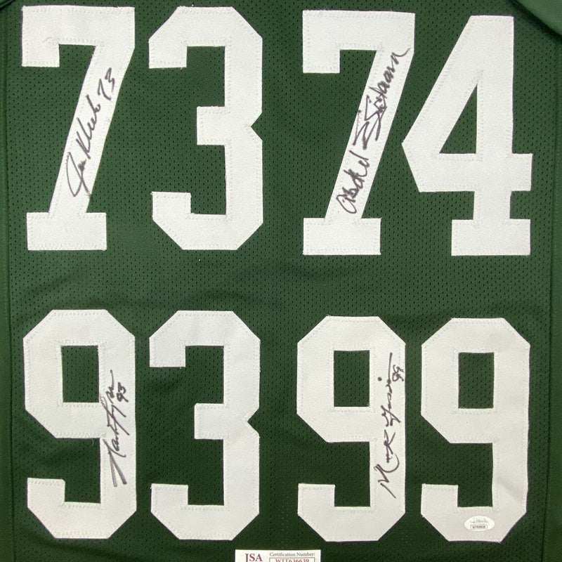 Autographed/Signed NY Sack Exchange Mark Gastineau, Joe Klecko, Marty Lyons & Abdul Salaam New York Green Football Jersey JSA COA