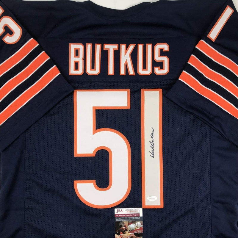 Autographed/Signed Dick Butkus Chicago Blue Football Jersey JSA COA