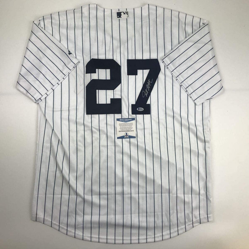 Autographed/Signed Giancarlo Stanton New York Pinstripe Baseball Jersey Beckett BAS COA