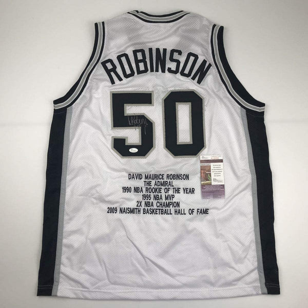 Autographed/Signed David Robinson San Antonio White Stat Basketball Jersey JSA COA