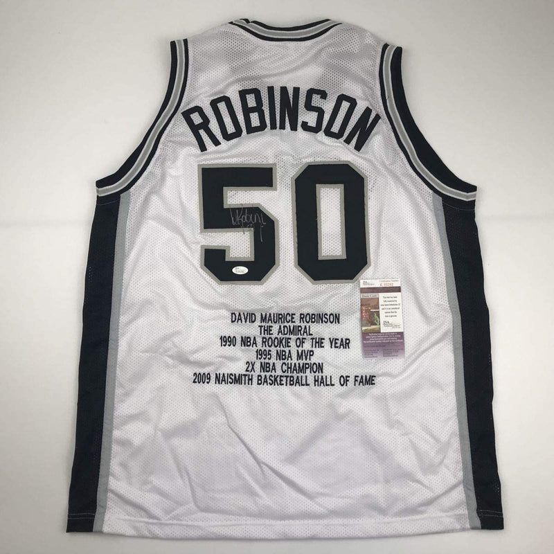 Autographed/Signed David Robinson San Antonio White Stat Basketball Jersey JSA COA