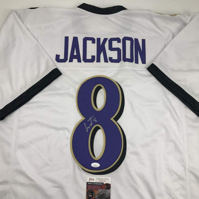 Autographed/Signed Lamar Jackson Baltimore White Football Jersey JSA COA