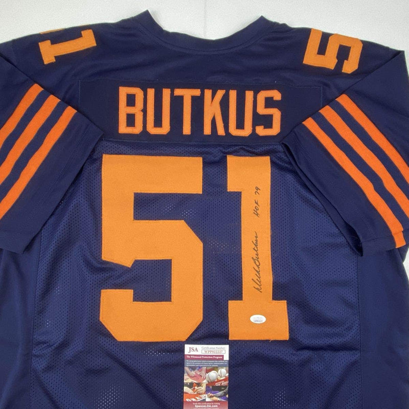 Autographed/Signed Dick Butkus HOF 79 Chicago Retro Blue Football Jersey JSA COA