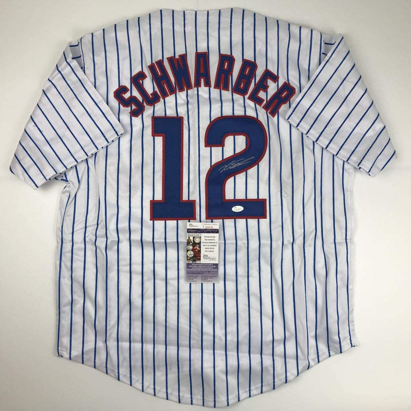 Autographed/Signed Kyle Schwarber Chicago Pinstripe Baseball Jersey JSA COA