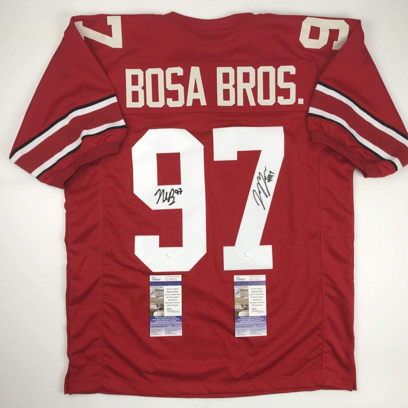 Autographed/Signed Nick & Joey Bosa Brothers Ohio State Red College Football Jersey JSA COA