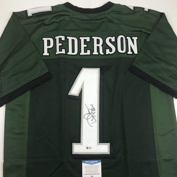 Autographed/Signed Doug Pederson #1 Philadelphia Green Football Jersey Beckett BAS COA