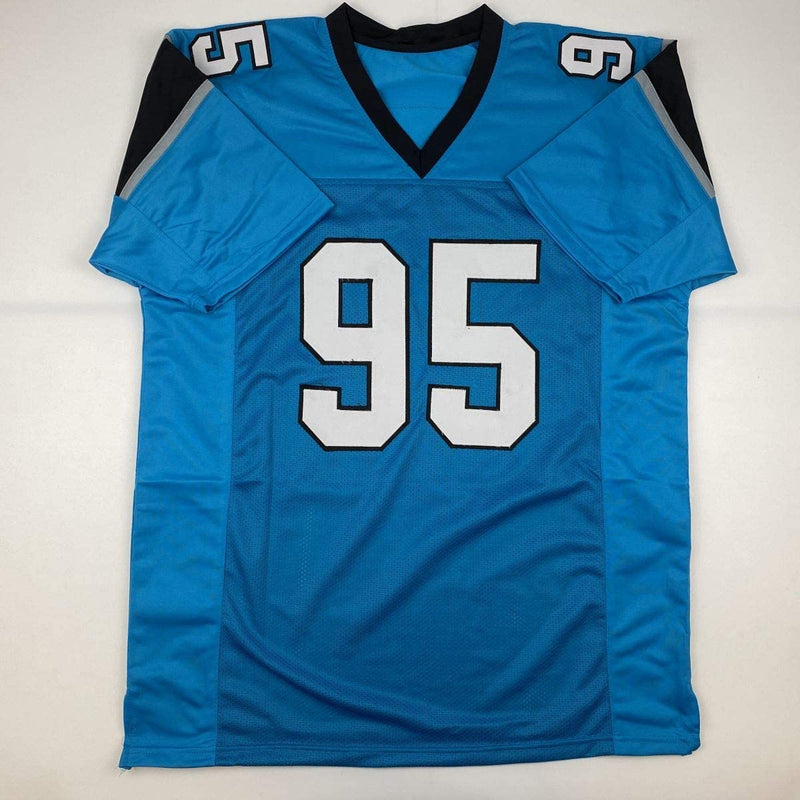 Autographed/Signed Derrick Brown Carolina Blue Football Jersey JSA COA