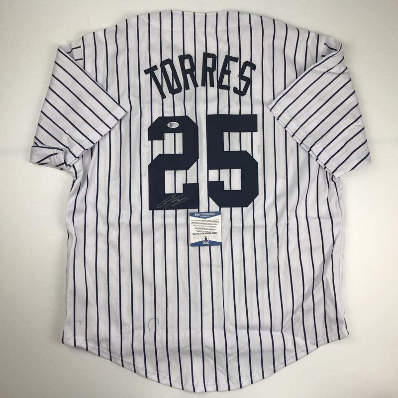 Autographed/Signed Gleyber Torres New York Pinstripe Baseball Jersey Beckett BAS COA