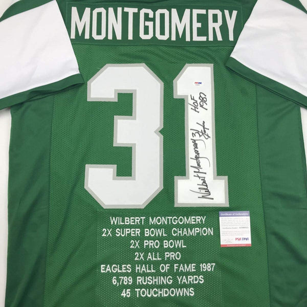 Autographed/Signed Wilbert Montgomery Philadelphia Green Stat Football Jersey PSA/DNA COA