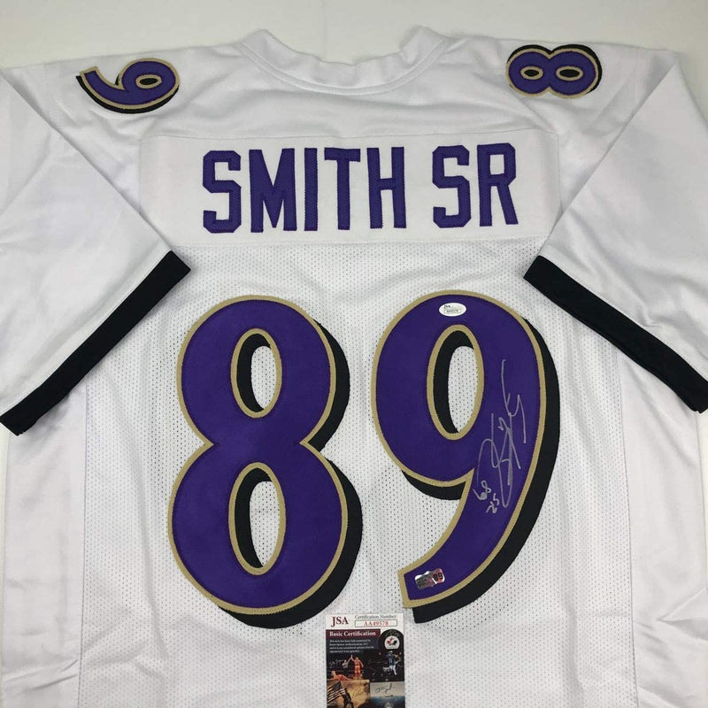 Autographed/Signed Steve Smith Sr. Baltimore White Football Jersey JSA COA