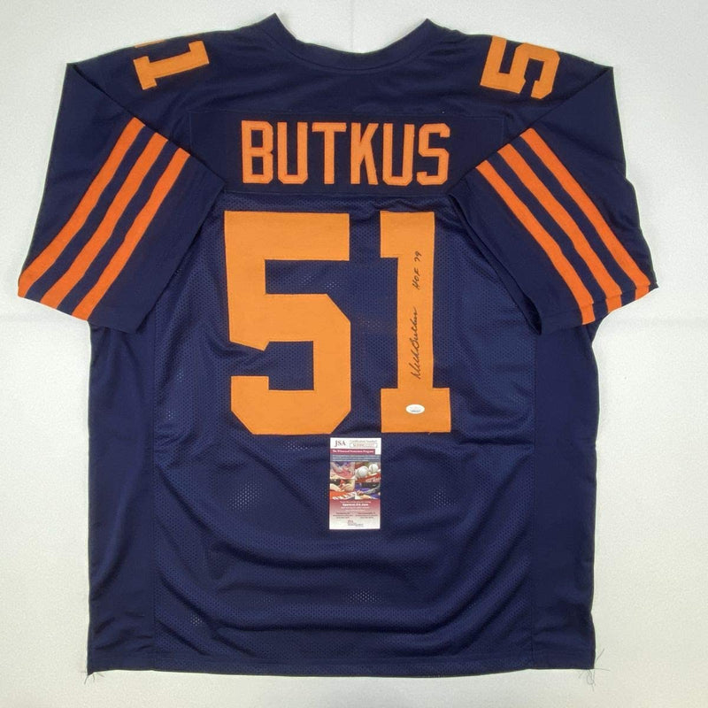 Autographed/Signed Dick Butkus HOF 79 Chicago Retro Blue Football Jersey JSA COA