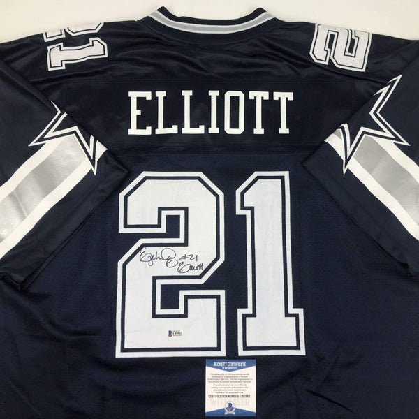 Autographed/Signed Ezekiel Elliott Dallas Cowboys Dark Blue Football Jersey Beckett BAS COA