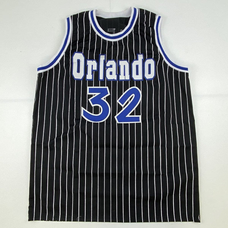 Autographed/Signed Shaquille Shaq O'Neal Orlando Black Pinstripe Basketball Jersey Beckett BAS COA