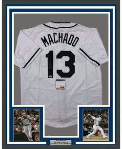 Framed Autographed/Signed Manny Machado 35x39 San Diego White Baseball Jersey Beckett BAS COA #2
