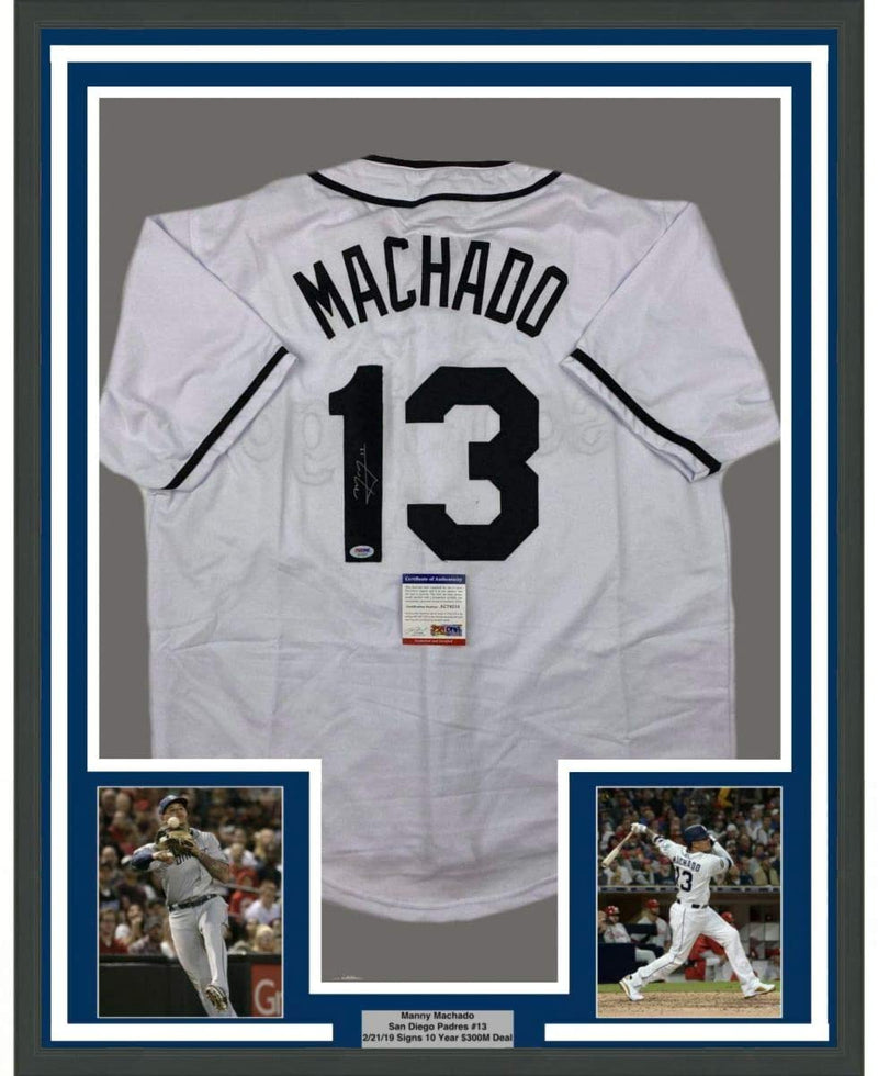 Framed Autographed/Signed Manny Machado 35x39 San Diego White Baseball Jersey Beckett BAS COA #2