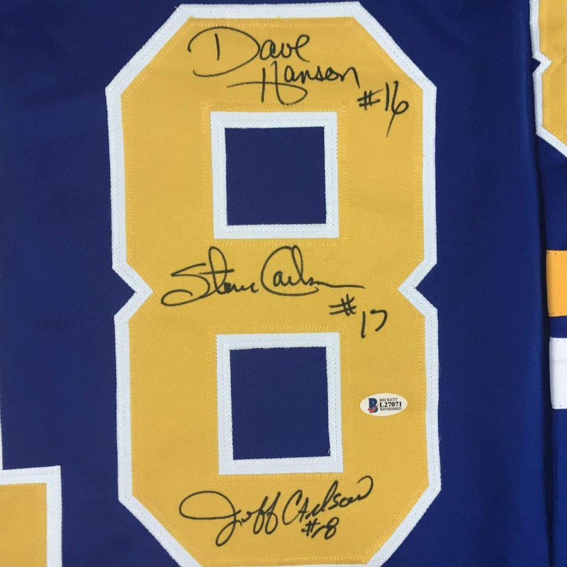 Autographed/Signed Hanson Brothers Chiefs Slap Shot Movie #18 Blue Hockey Jersey Beckett BAS COA