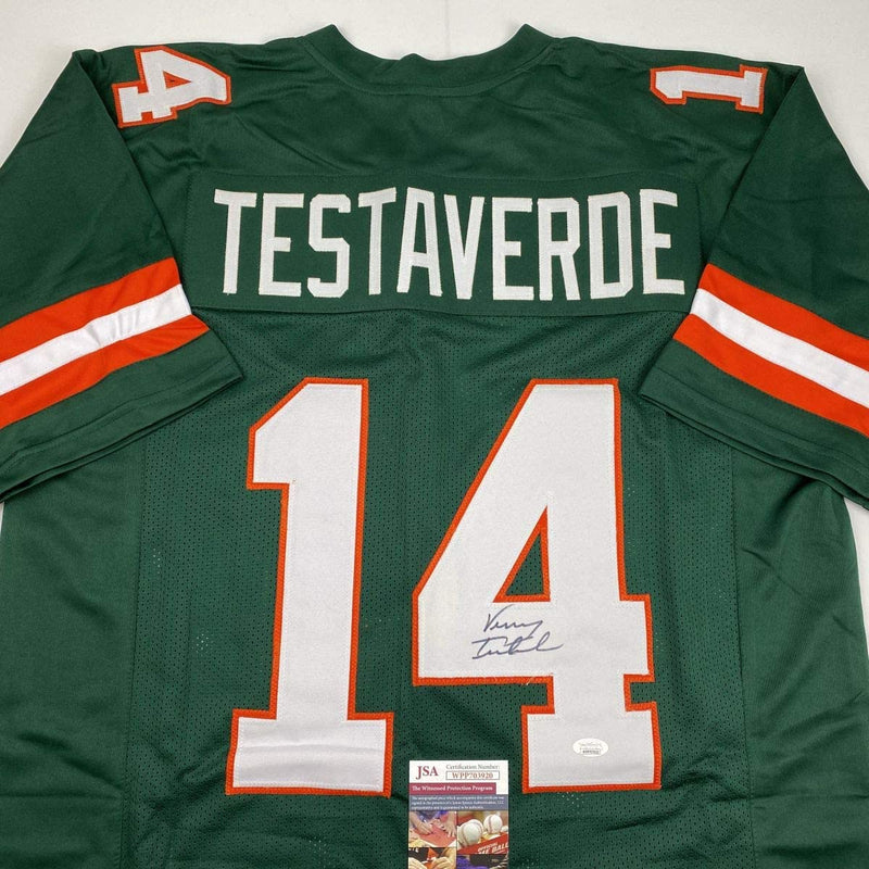 Autographed/Signed Vinny Testaverde Miami Green College Football Jersey JSA COA