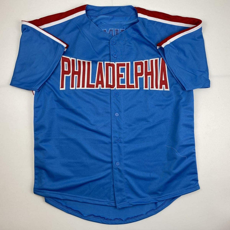 Autographed/Signed Mike Schmidt Philadelphia Retro Blue Baseball Jersey GTSM COA Hologram Only