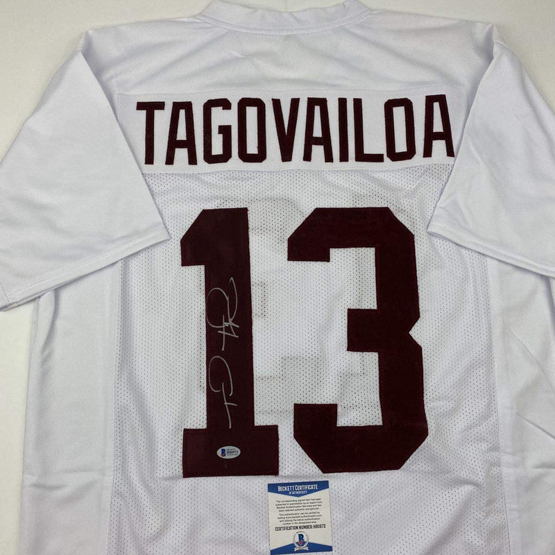 Autographed/Signed Tua Tagovailoa Alabama White College Football Jersey Beckett BAS COA