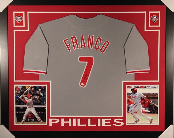 Autographed/Signed Maikel Franco Framed 35x43 Philadelphia Grey Baseball Jersey JSA COA