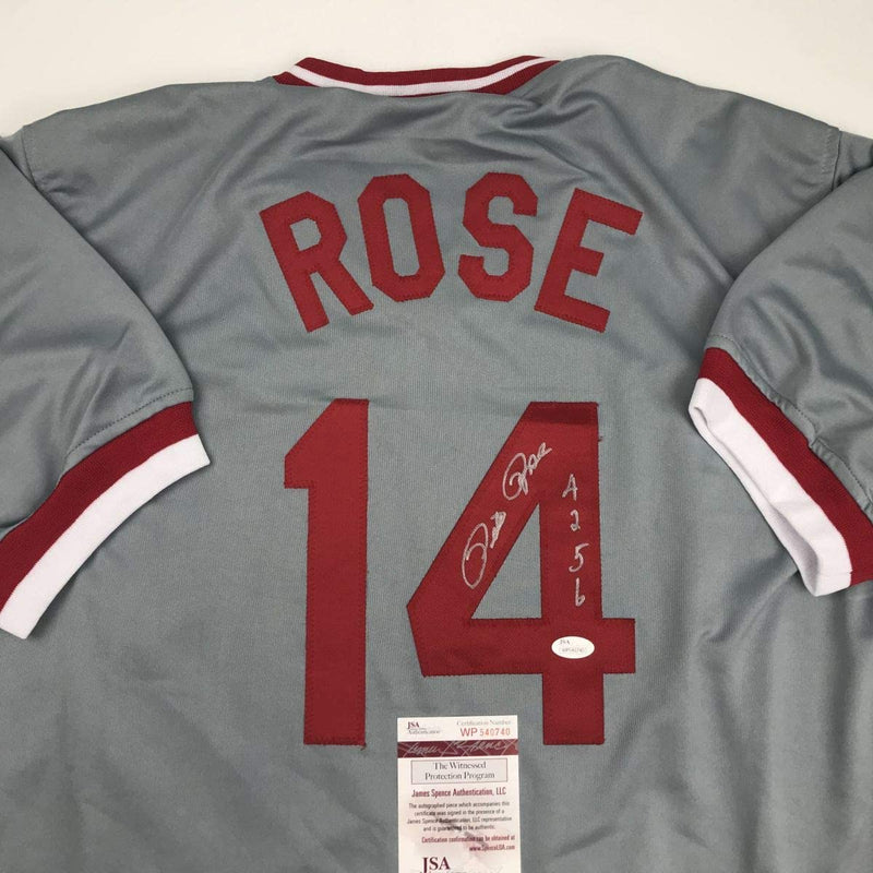 Autographed/Signed Pete Rose 4256 Cincinnati Grey Baseball Jersey JSA COA