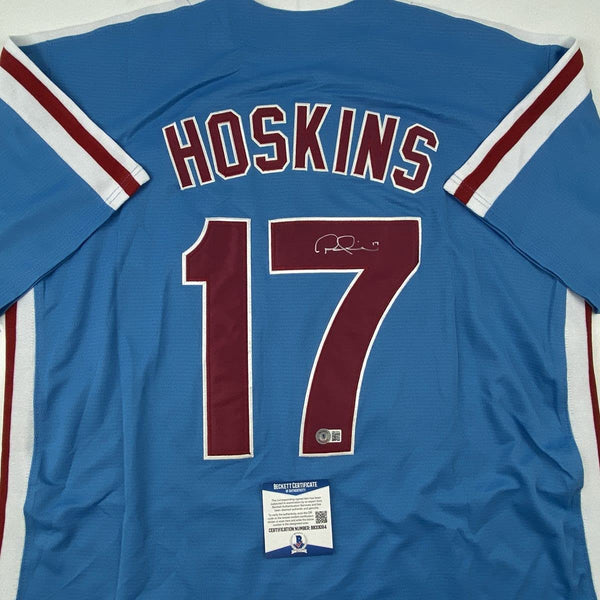Autographed/Signed Rhys Hoskins Philadelphia Retro Blue Baseball Jersey Beckett BAS COA