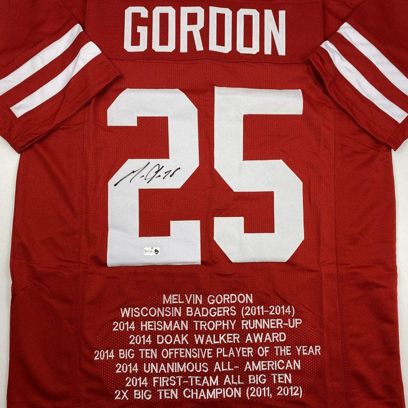 Autographed/Signed Melvin Gordon III Wisconsin Red Stat College Football Jersey Athlete Hologram COA