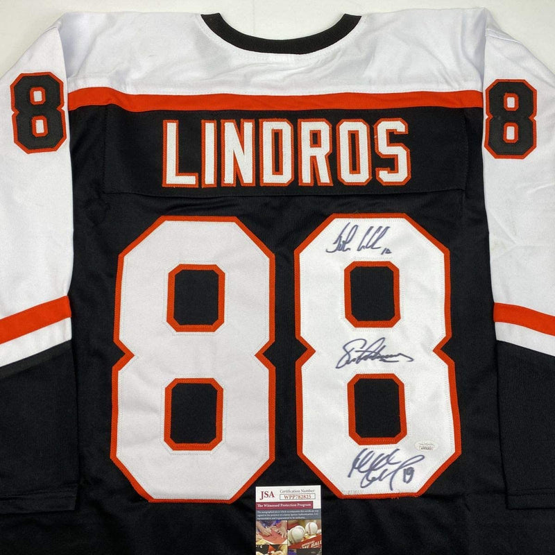 Autographed/Signed Legion of Doom Eric Lindros, John LeClair & Mikail Renberg Philadelphia Black Hockey Jersey JSA COA