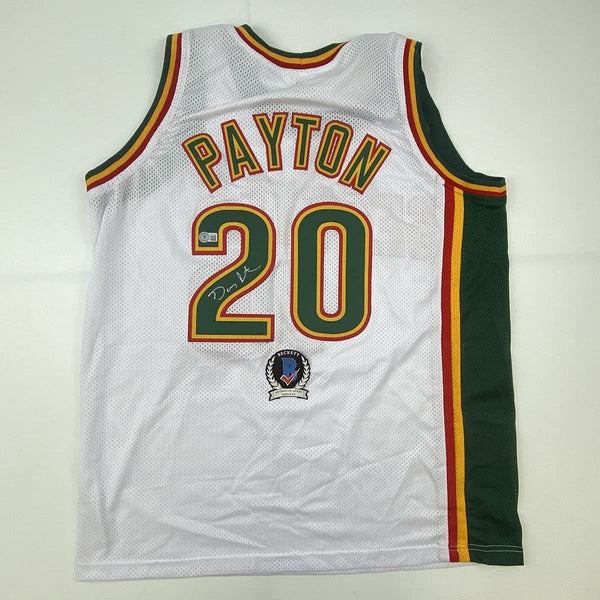 Autographed/Signed Gary Payton Seattle White Basketball Jersey Beckett BAS COA