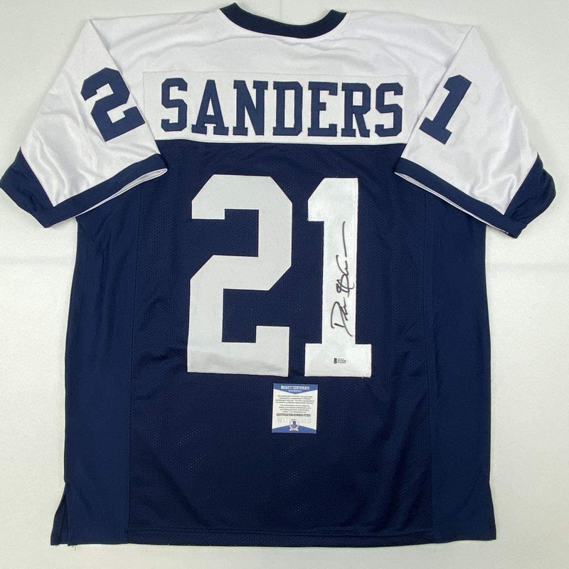 Autographed/Signed Deion Sanders Dallas Thanksgiving Day Football Jersey Beckett BAS COA