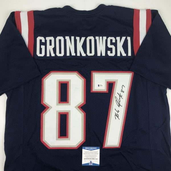 Autographed/Signed Rob Gronkowski New England Blue Color Rush Football Jersey Beckett BAS COA