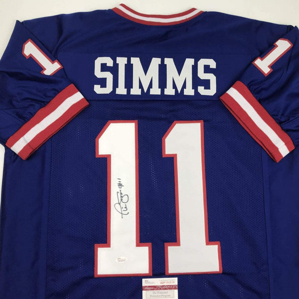 Autographed/Signed Phil Simms New York Blue Football Jersey JSA COA