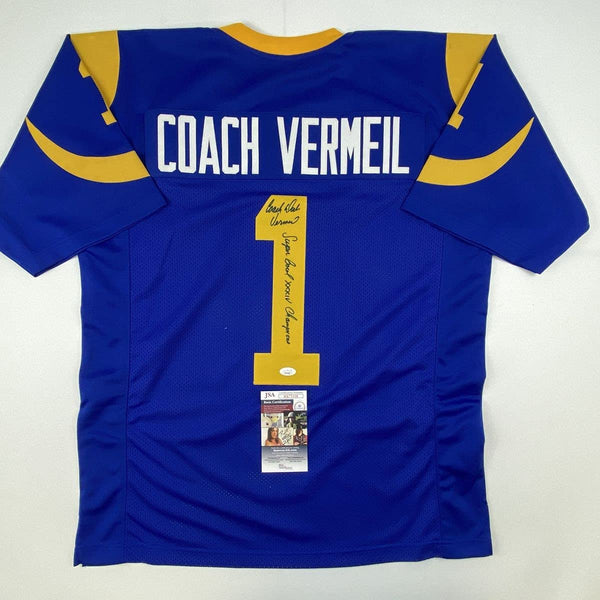 Autographed/Signed Dick Vermeil Super Bowl XXXIV St. Louis Royal Blue Football Jersey JSA COA