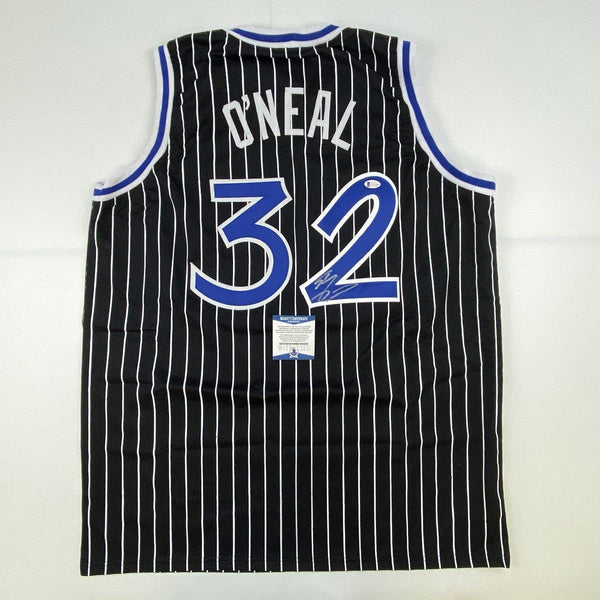 Autographed/Signed Shaquille Shaq O'Neal Orlando Black Pinstripe Basketball Jersey Beckett BAS COA