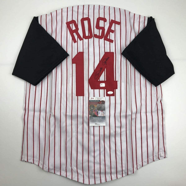 Autographed/Signed Pete Rose Cincinnati Pinstripe Baseball Jersey JSA COA