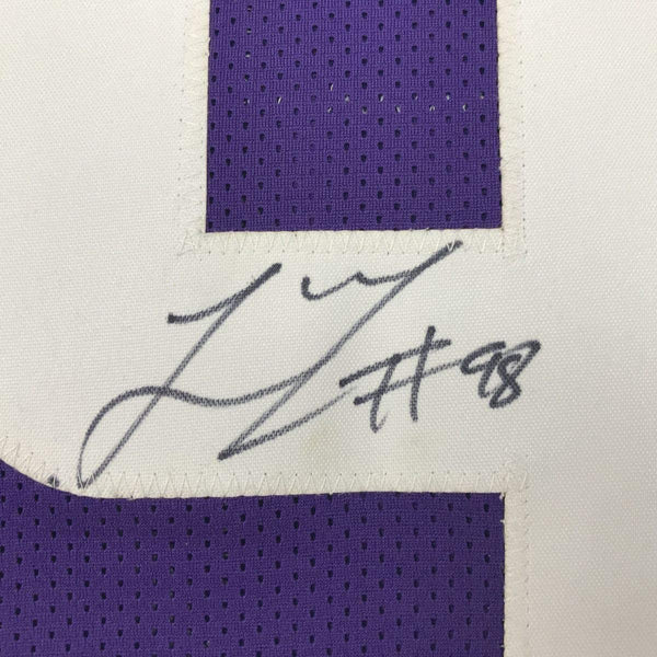 Framed Autographed/Signed Linval Joseph 35x39 Minnesota Purple Football Jersey JSA COA