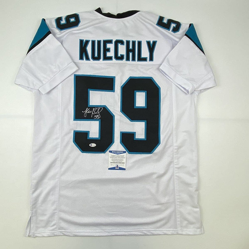 Autographed/Signed Luke Kuechly Carolina White Football Jersey Beckett BAS COA