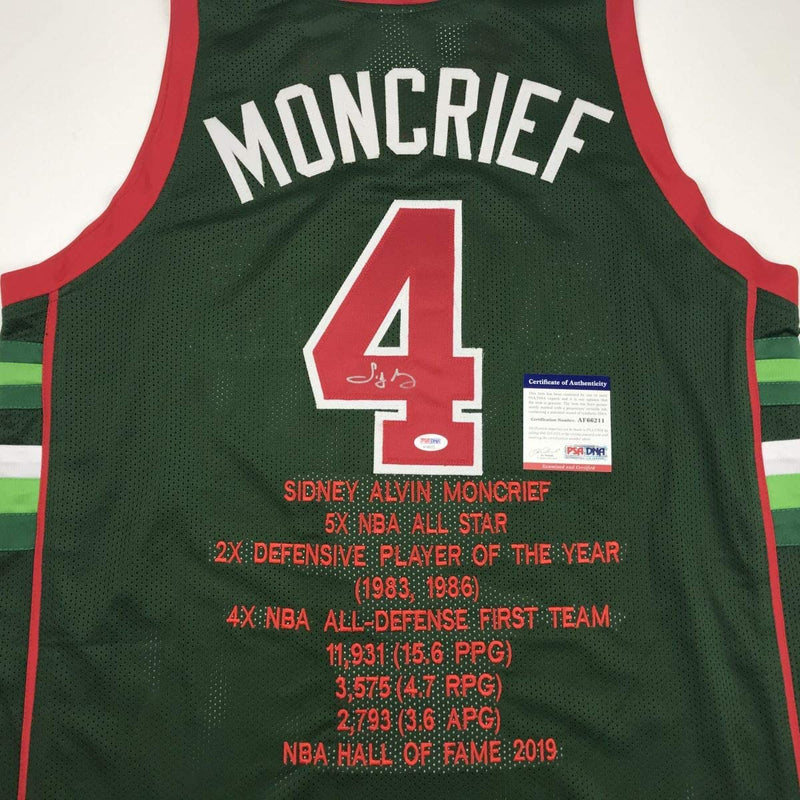 Autographed/Signed Sidney Moncrief Milwaukee Green Stat Basketball Jersey PSA/DNA COA