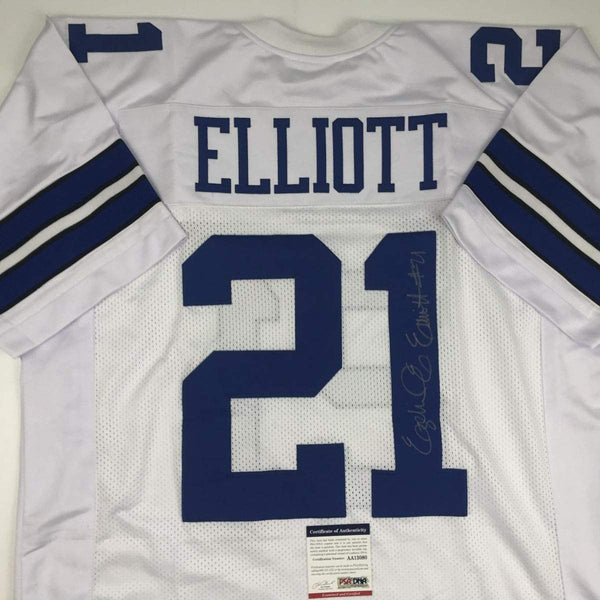 Autographed/Signed Ezekiel Elliott Dallas White Football Jersey PSA/DNA COA