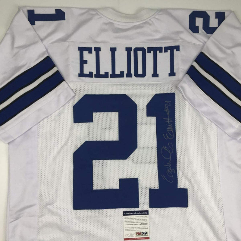 Autographed/Signed Ezekiel Elliott Dallas White Football Jersey PSA/DNA COA