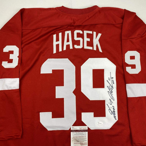 Autographed/Signed Dominik Hasek HOF 19 Detroit Red Hockey Jersey JSA COA
