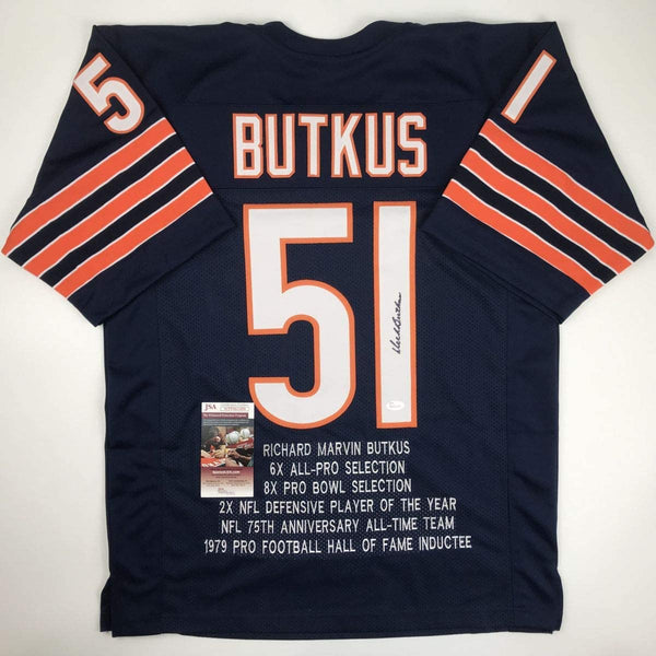 Autographed/Signed Dick Butkus Chicago Blue Stat Football Jersey JSA COA