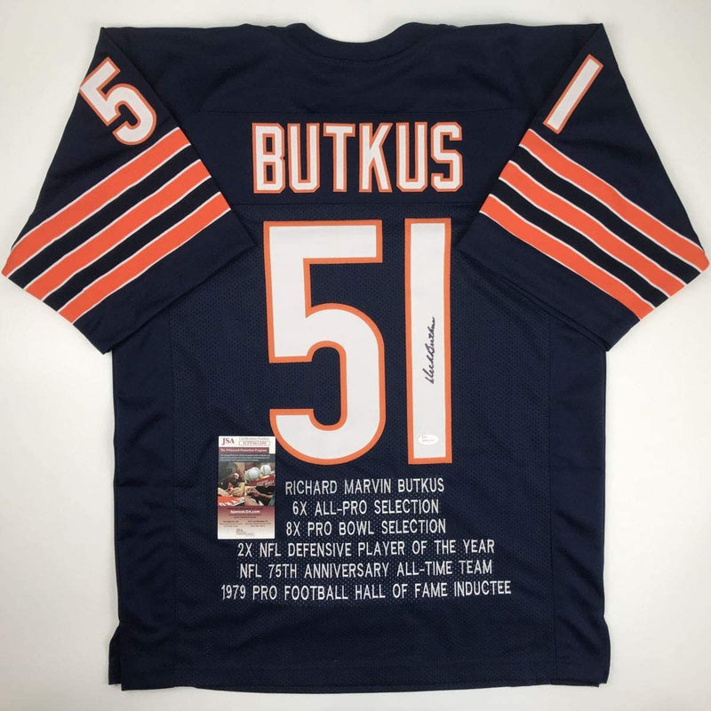 Autographed/Signed Dick Butkus Chicago Blue Stat Football Jersey JSA COA