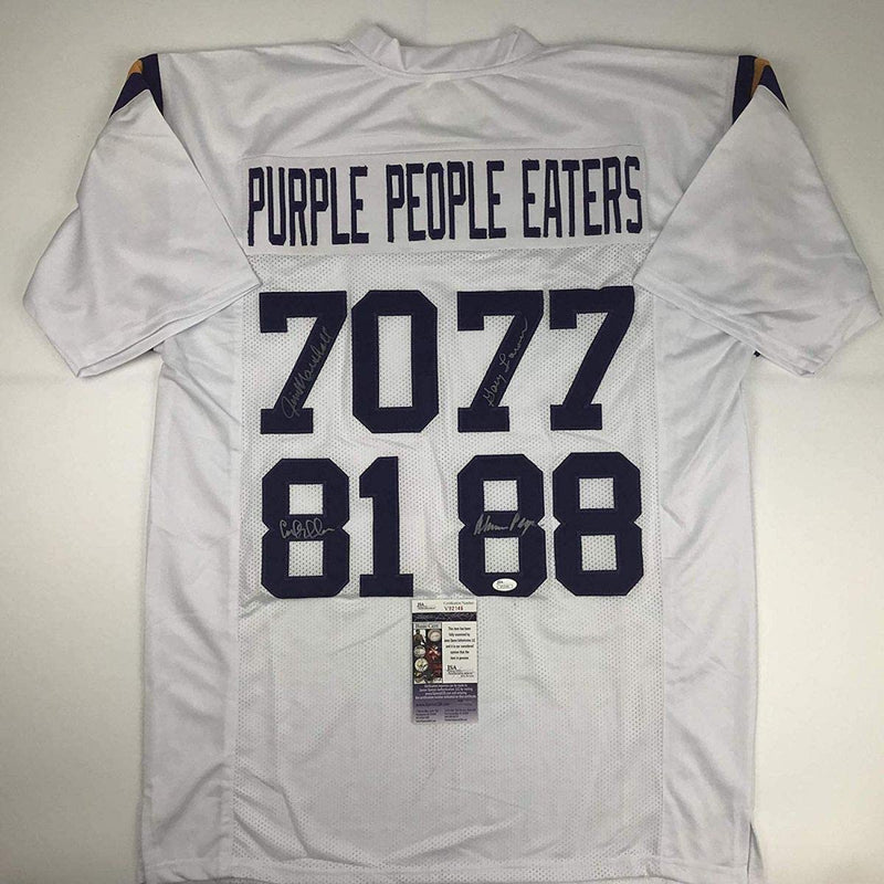 Autographed/Signed Purple People Eaters Minnesota White Football Jersey JSA COA