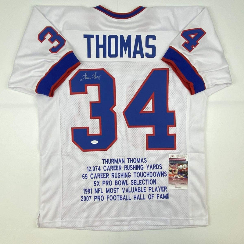 Autographed/Signed Thurman Thomas Buffalo White Stat Football Jersey JSA COA